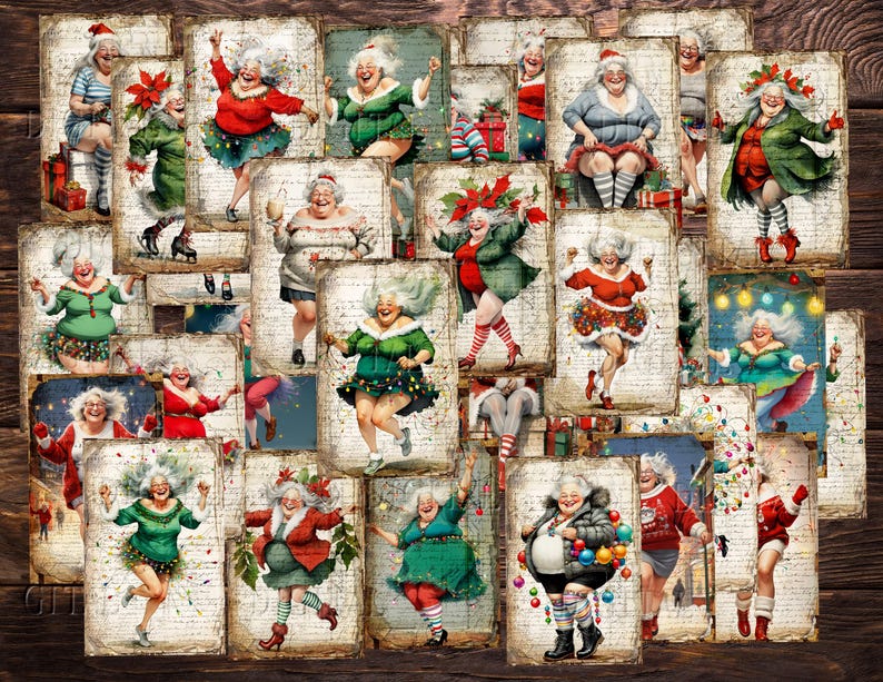 A collage of Crazy Christmas women in various poses and festive attire. DigitalFit Etsy Store: https://www.etsy.com/shop/DigitalFit