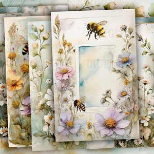 Puede incluir: Cinco diseños de papel digital con ilustraciones de acuarela de flores, hojas y abejas. Los diseños están en tonos de verde, azul, amarillo y rosa.