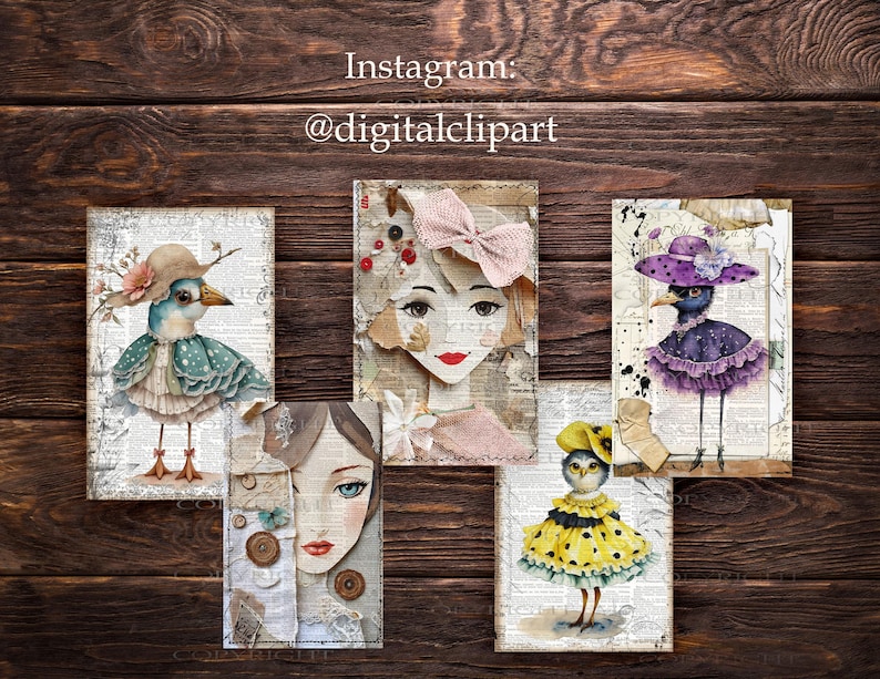 May include: Five digital collage illustrations featuring whimsical characters with bird and human features wearing hats. The illustrations are set against a background of vintage newspaper pages.