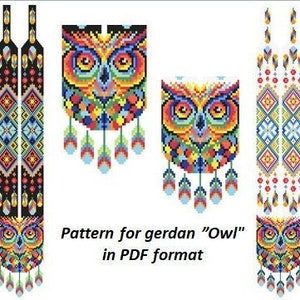 pattern beaded gerdan in PDF format, scheme beaded necklace, Owl, beading on the loom, bead weaving, bright geometric pattern