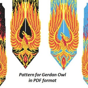 May include: A digital pattern for a beaded phoenix necklace, shown in three color variations: black, blue, and red. The pattern is available in PDF format.