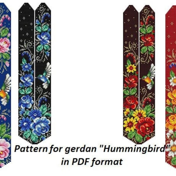 motif gerdan perlé au format PDF, schéma collier perlé, Colibri, perlage sur métier à tisser, tissage de perles, motif floral lumineux