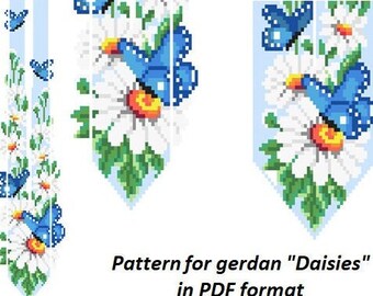 pattern beaded gerdan in PDF format, scheme beaded necklace, Daisies, Butterflie, beading on the loom, bead weaving, bright floral pattern