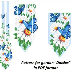 Op de afbeelding: Een digitaal patroon voor een kralenketting met margrieten en vlinders. Het patroon is in PDF-formaat en bevat instructies voor het maken van de ketting.