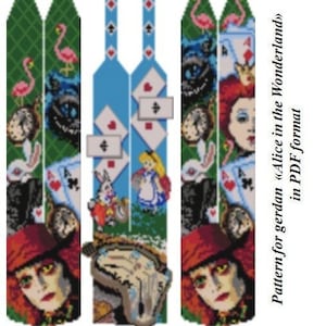 Puede incluir: Un patrón de cuentas para un collar con personajes de Alicia en el País de las Maravillas. El patrón incluye a Alicia, el Gato de Cheshire, la Reina de Corazones, un flamenco, una carta de juego y un reloj de bolsillo. El patrón está disponible en formato PDF.