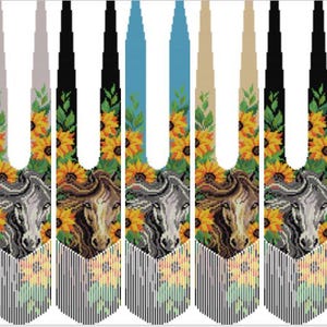 May include: A collection of beaded patterns for a gerdan, featuring horse heads and sunflowers. The designs vary in color, including gray, black, blue, and tan backgrounds. The text "Pattern for gerdan «Horse in flowers» in PDF format" is visible.