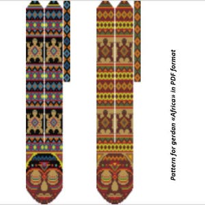 May include: Two colorful beaded patterns with geometric and turtle designs. The patterns feature a variety of colors, including black, brown, red, yellow, and blue. The text "Pattern for gerdan «Africa» in PDF format" is visible.