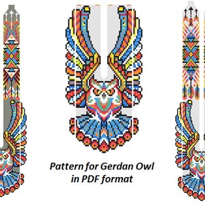 pattern beaded gerdan in PDF format, scheme beaded necklace, Owl, beading on the loom, bead weaving, bright geometric pattern