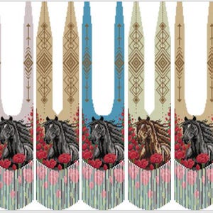 May include: A pattern for a gerdan, featuring a horse in flowers design. The design includes a black horse with a flowing mane, surrounded by red flowers. The background colors vary from light pink to blue and beige.