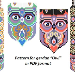 pattern beaded gerdan in PDF format, scheme beaded necklace, Owl, beading on the loom, bead weaving, bright geometric pattern