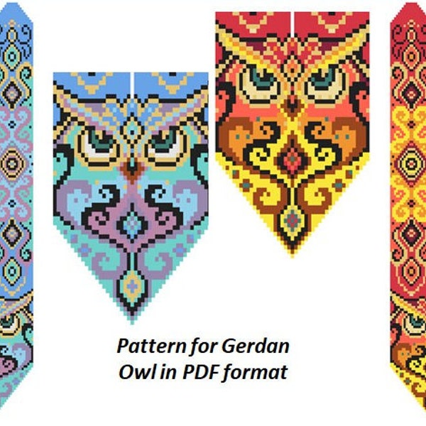 motif gerdan perlé au format PDF, schéma collier perlé, chouette, perlage sur métier à tisser, tissage de perles, motif géométrique lumineux