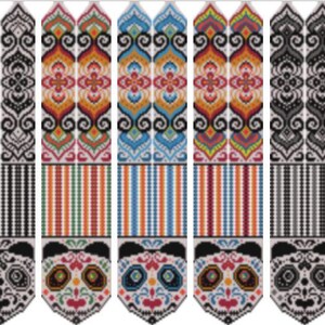 May include: A collection of six colorful, patterned designs for a beaded project. Each design features a panda face at the bottom, a striped section, and a detailed top section with various patterns. The text "Pattern for gerdan «Panda» in PDF format" is visible.