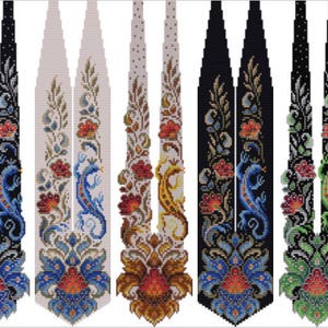 May include: A digital pattern for a gerdan necklace titled "Stone flower with a lizard" in PDF format. The image displays five variations of a long, beaded necklace design featuring intricate floral motifs and a lizard, rendered in different color palettes.