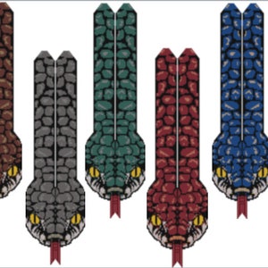 May include: Five different coloured snake-shaped beaded patterns for a beaded necklace or bracelet. The colours are brown, grey, green, red, and blue. The patterns are in a PDF format.