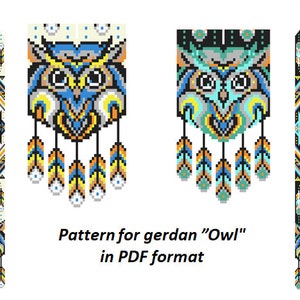 pattern beaded gerdan in PDF format, scheme beaded necklace, Owl, beading on the loom, bead weaving, bright geometric pattern