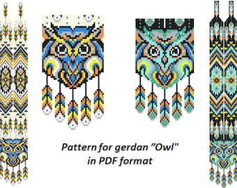 pattern beaded gerdan in PDF format, scheme beaded necklace, Owl, beading on the loom, bead weaving, bright geometric pattern