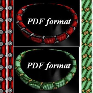 May include: Two beaded snake bracelets, one red and one green, with a repeating pattern. The bracelets are shown in a 3D format with the text "PDF format" on each. The image also shows a close-up of the beading pattern for each bracelet.