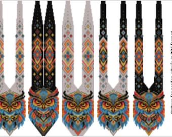 pattern beaded gerdan in PDF format, scheme beaded necklace, Owl, beading on the loom, bead weaving, bright geometric pattern