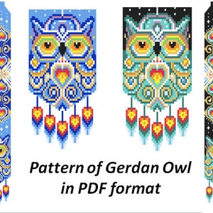 pattern beaded gerdan in PDF format, scheme beaded necklace, Owl, beading on the loom, bead weaving, bright geometric pattern