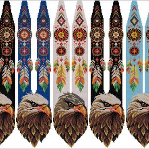 May include: A digital pattern for a gerdan necklace featuring five variations of an eagle head design with colorful feathers and geometric circular motifs. The vertical strips are displayed in black, blue, white, and light blue. Text reads: Pattern for gerdan «Eagle» in PDF format.
