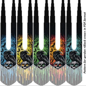 May include: Five variations of a beaded necklace pattern titled "Black crow" in PDF format. Each design features a black crow perched on a skull against a background of bare trees, rendered in blue, yellow, green, red, and teal color palettes.
