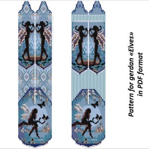 May include: A beaded pattern for a necklace featuring two fairies with wings, butterflies, and a blue and white colour scheme. The pattern is in PDF format and is titled "Pattern for gerdan «Elves»".