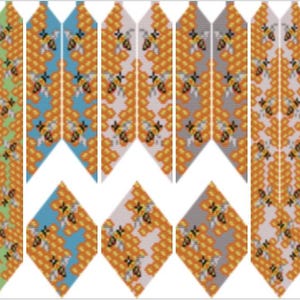 May include: A series of geometric patterns with bee and honeycomb motifs in various colours, including green, blue, and grey. The patterns are accompanied by the text "Pattern for gerdan «Honey» in PDF format".