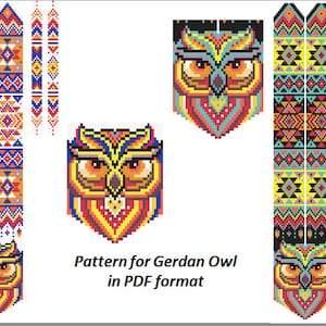 pattern beaded gerdan in PDF format, scheme beaded necklace, Owl, beading on the loom, bead weaving, bright geometric pattern