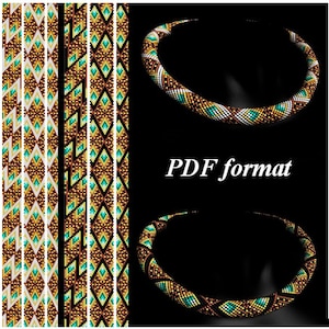 Puede incluir: Un patrón de collar de cuentas en formato PDF. El patrón presenta un diseño geométrico con cuentas marrones, blancas y turquesas.