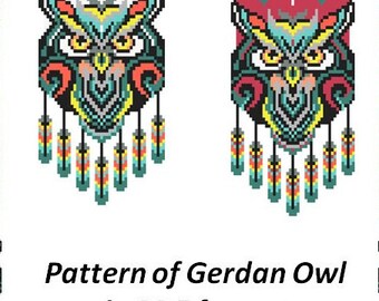 pattern beaded gerdan in PDF format, scheme beaded necklace, Owl, beading on the loom, bead weaving, bright geometric pattern