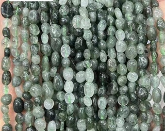 Natural Green Rutilated Quartz  Nugget Beads, 6×8mm 8×10mm Green Rutilated Quartz Chip Beads, Rutilated Quartz Beads,15 inch per strand