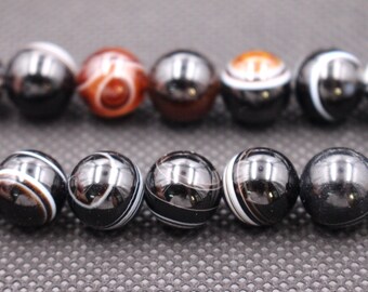 Natural Brown Stripped Agate round Beads, 6mm 8mm 10mm 12mm Black Eye Agate Beads, Smooth Round beads, 15 inches per strand.