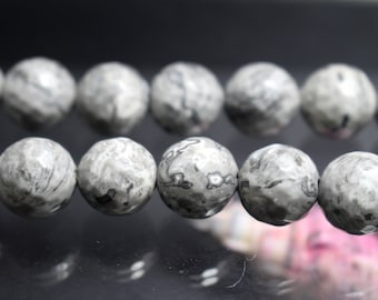 128 Faceted Grey Picasso Jasper Round Beads,6mm 8mm 10mm 12mm Faceted Grey Picasso Jasper Beads, Grey Picasso Jasper Beads,15 inches strands
