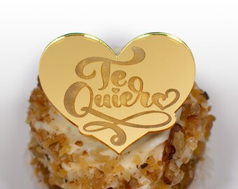 Te Quiero Spanish I Love You Cupcake Topper, Mirror Gold, Silver or Rose Gold Cupcake Heart, Valentines Cupcake Toppers - Valentine's Day