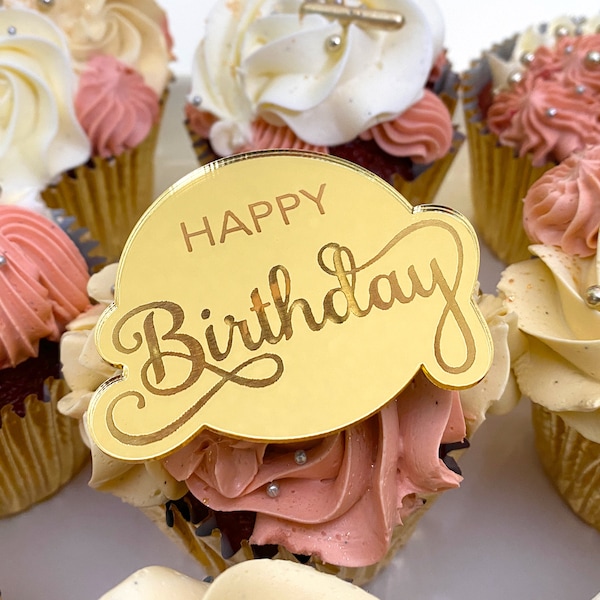 Happy Birthday Cupcake Topper, Mirror Red, Purple, Gold, Silver, Rose Gold Cupcake Toppers, Mirror Acrylic Discs.