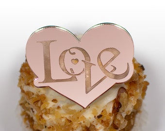 Love Cupcake Topper, Mirror Gold, Silver or Rose Gold Cupcake Hearts, Valentines Cupcake Toppers - Valentine's Day