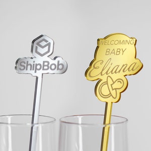 Custom Design Mirror Gold Acrylic Drink Stirs, Business Logo Stirrer, Personalized Drink Tags, Wedding Stirrer, Gold Swizzle Stick image 1