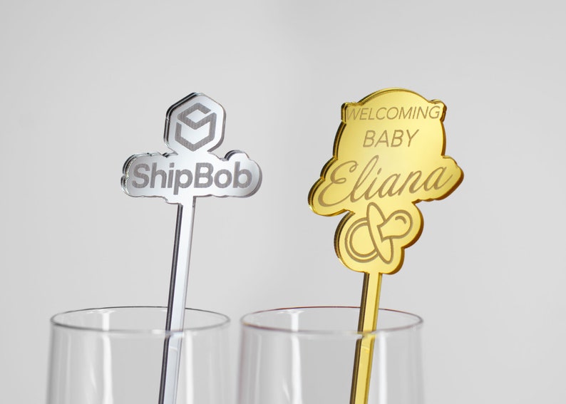 Custom Design Mirror Gold Acrylic Drink Stirs, Business Logo Stirrer, Personalized Drink Tags, Wedding Stirrer, Gold Swizzle Stick image 1