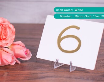 Mirror Acrylic Table Numbers with Base. 9 colors and 20 fonts to choose from. Gold Wedding Table Numbers. Acrylic Wedding Table Numbers