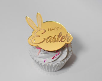 Easter Cupcake Topper, Mirror Red, Pink, Purple, Gold, Silver, Rose Gold Bunny Ears Cupcake Topper, Rabbit Ears Happy Easter Acrylic Topper