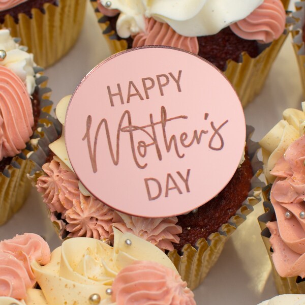 Happy Mother's Day Cupcake Toppers, Mirror Red, Gold, Silver or Rose Gold Cupcake Discs, Mirror Acrylic Gift Tag, Engraved Present Charms