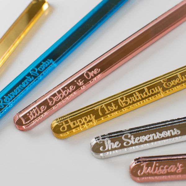 Set of 4 or more Mirror Acrylic Custom Popsicle Sticks, Reusable Laser Engraved Cakesicle Sticks, Personalized Cake Pop Sticks - 9 Colors