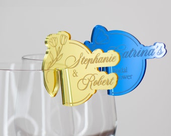 Mirror Acrylic Party Drink Tags with Pressure Clip. Wedding Wine Charms, Stemless Engraved Drink Markers, Mirror Drink Charms