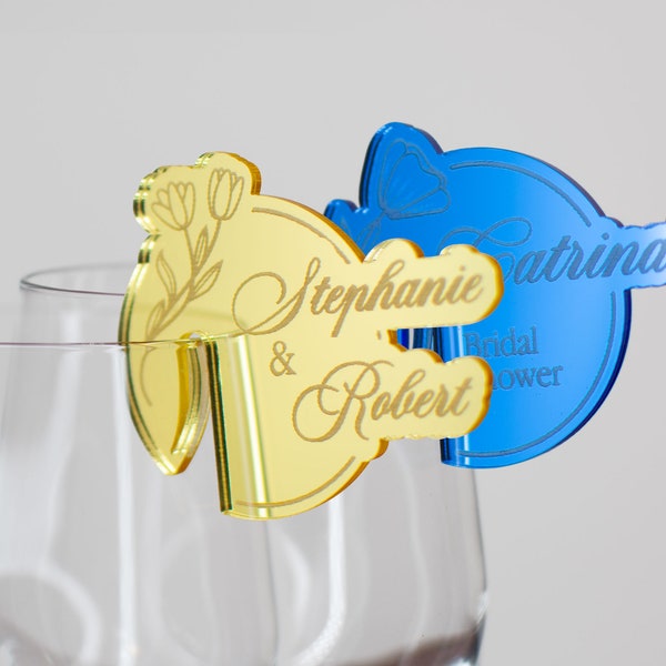 Mirror Acrylic Party Drink Tags with Pressure Clip. Wedding Wine Charms, Stemless Engraved Drink Markers, Mirror Drink Charms