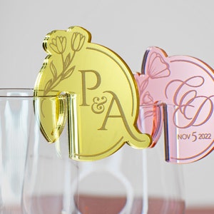 Set of 10+ Wedding Monogram Drink Tags with Pressure Clip. Party Drink Tags, Stemless Engraved Drink Markers, Mirror Drink Charms