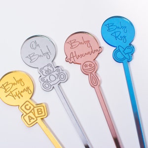 Baby Party / Baby Shower Drink Stirrers, Mirror Gold, Silver, Blue or Rose Gold Stirs, Mirror Acrylic Drink Stirs, Engraved Drink Picks