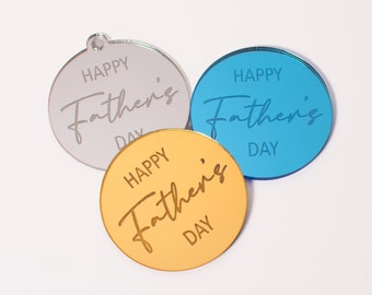 Happy Father's Day Cupcake Toppers, Mirror Gold, Silver, Blue or Rose Gold Cupcake Discs, Mirror Acrylic Gift Tag, Engraved Present Charms