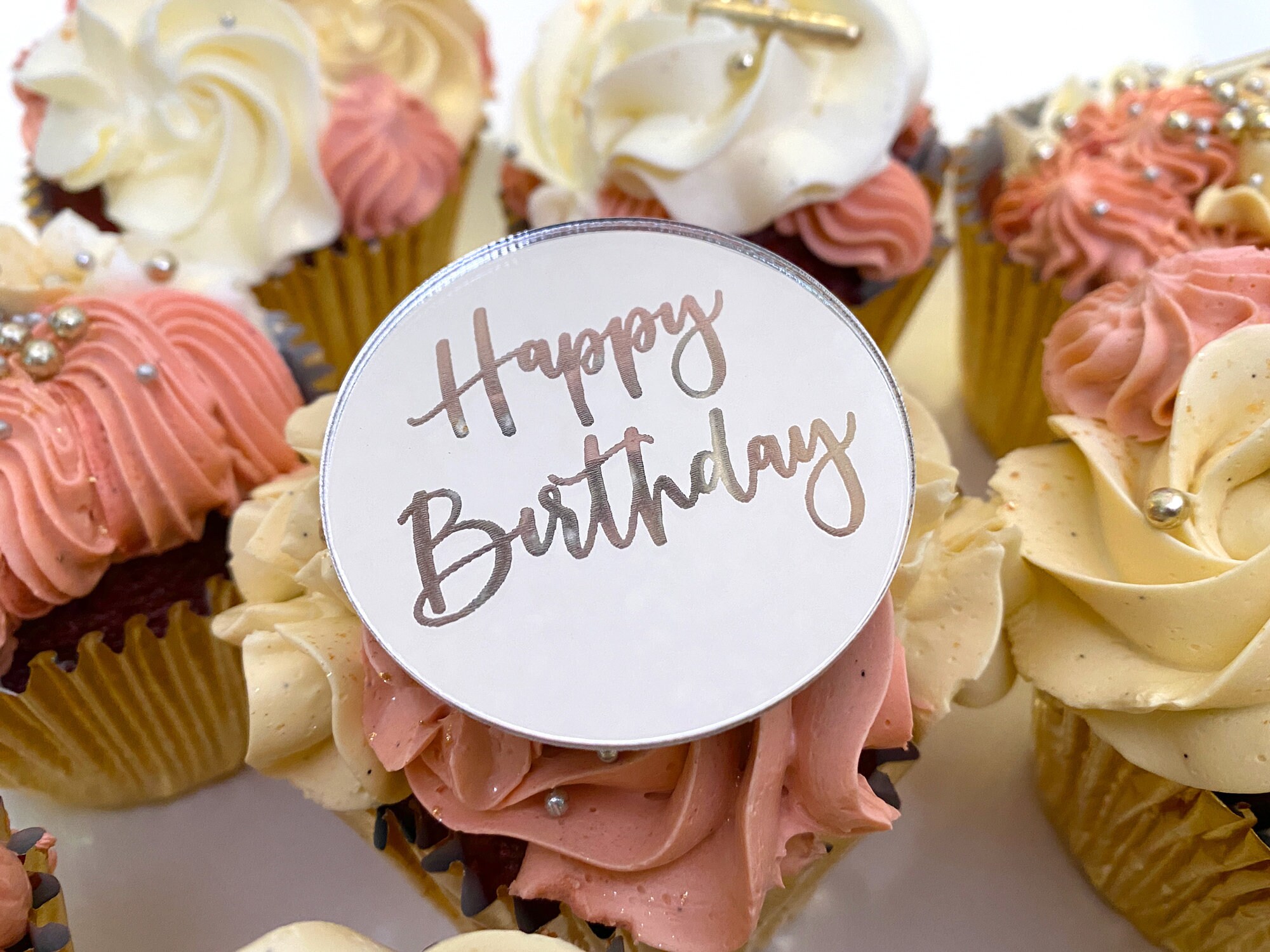 Happy Birthday Cupcake Topper, Mirror Gold, Silver or Rose Gold Cupca…