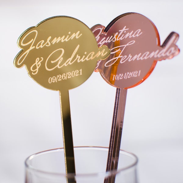 Wedding Stirrers, Personalized Swizzle Stirrer, Couple Names Mirror Gold Acrylic Stirrers, Bridal Shower Drink Stirrers, Party Drink Stirrer