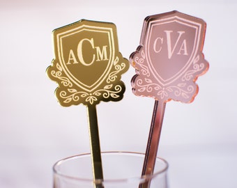 Personalized Initials Drink Stirrers, Wedding Monogram Stirrers, Personalized Mirror Gold Swizzle Sticks, Custom Monogram Drink Mixer